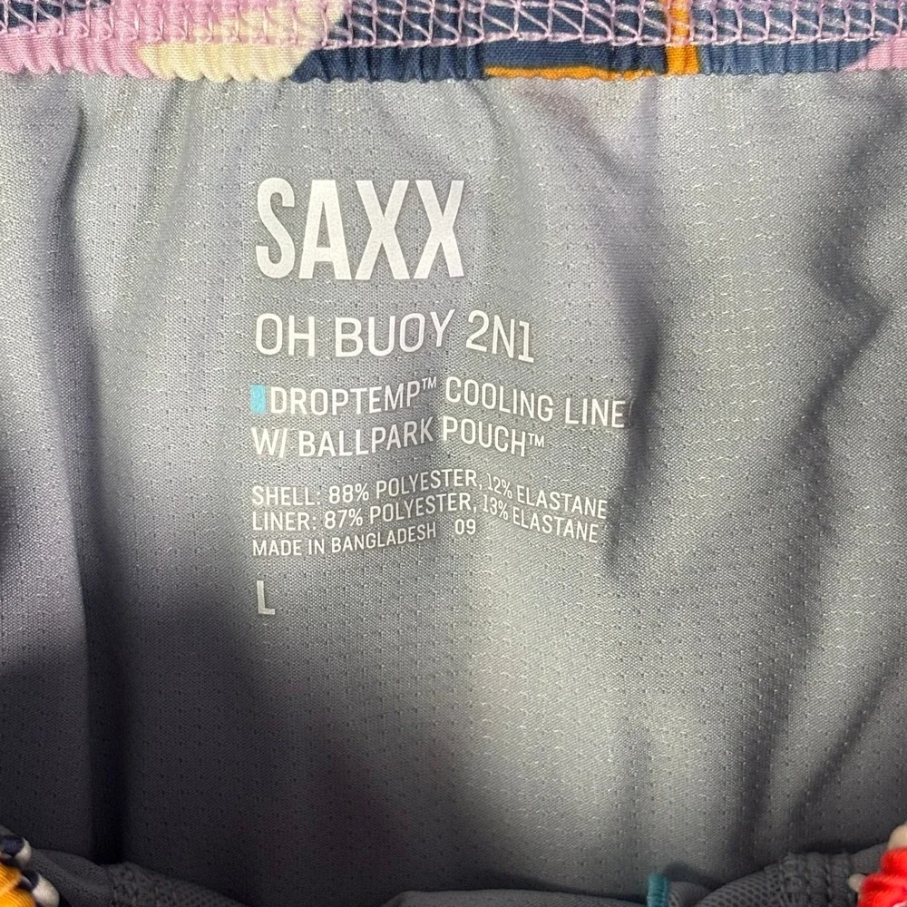 SAXX Oh Buoy 2N1 Swim Shorts Men Large Tropical Sun Palm DropTemp BallPark Pouch